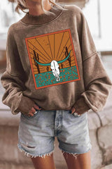 Round Neck Dropped Shoulder Graphic Sweatshirt Camel - Tophatter Daily Deals