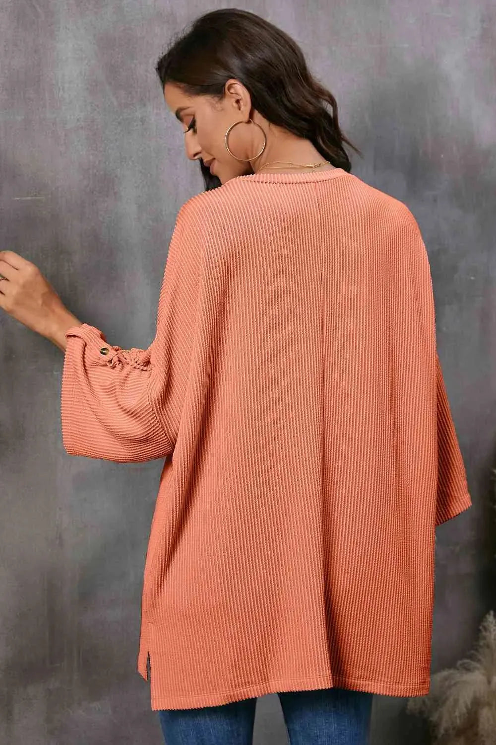 Round Neck Slit Roll-Tab Sleeve Oversize Top Women's T-Shirts - Tophatter Daily Deals