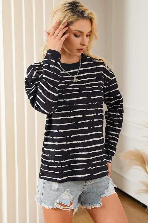 Striped Round Neck Long Sleeve T-Shirt Black Women's T-Shirts - Tophatter Daily Deals