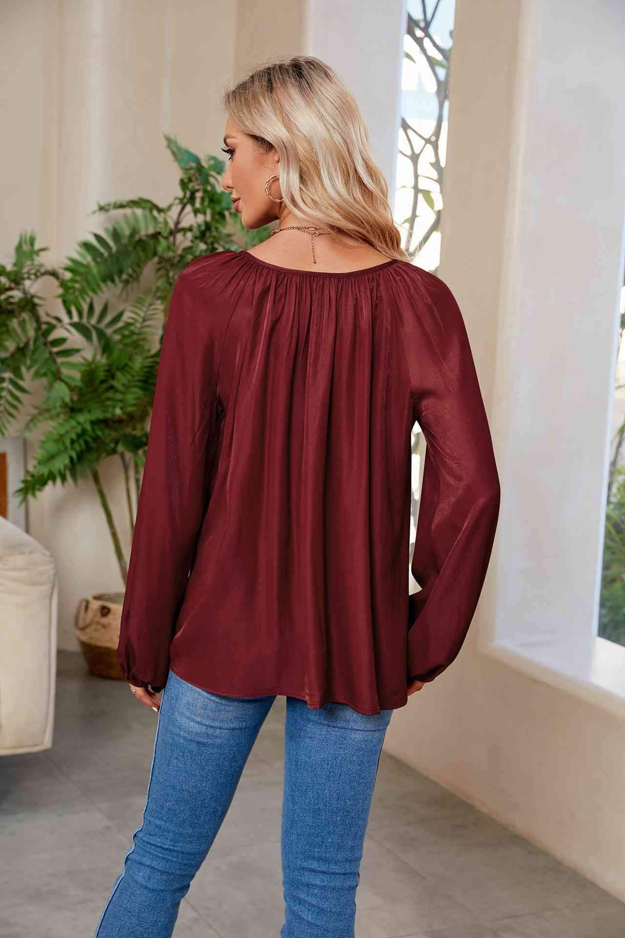 Tie Neck Balloon Sleeve Blouse Blouses - Tophatter Daily Deals