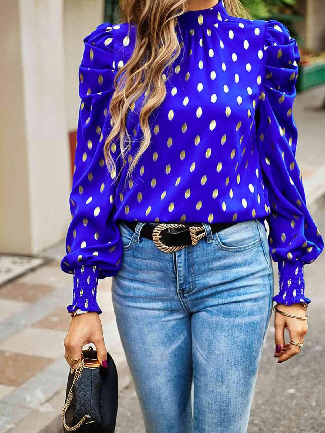 Printed Mock Neck Lantern Sleeve Blouse Blouses - Tophatter Daily Deals