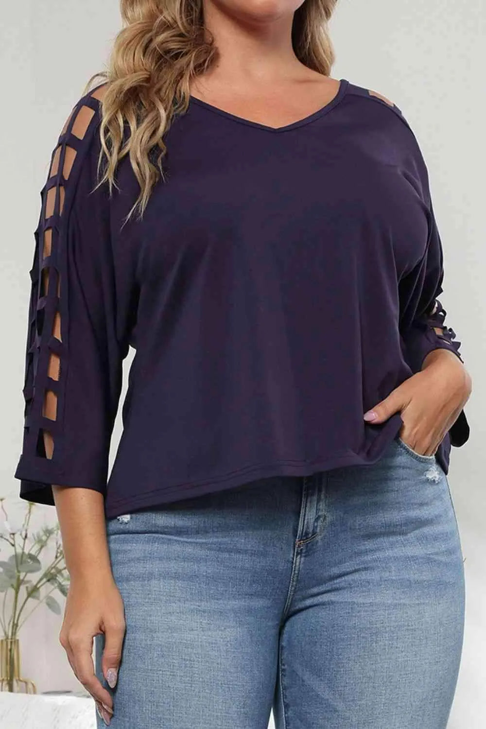 Plus Size Cutout Three-Quarter Sleeve Blouse Dark Navy Blouses - Tophatter Daily Deals