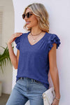 Smocked Flutter Sleeve V-Neck Top Navy Blouses - Tophatter Daily Deals