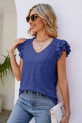 Smocked Flutter Sleeve V-Neck Top Navy Blouses - Tophatter Daily Deals