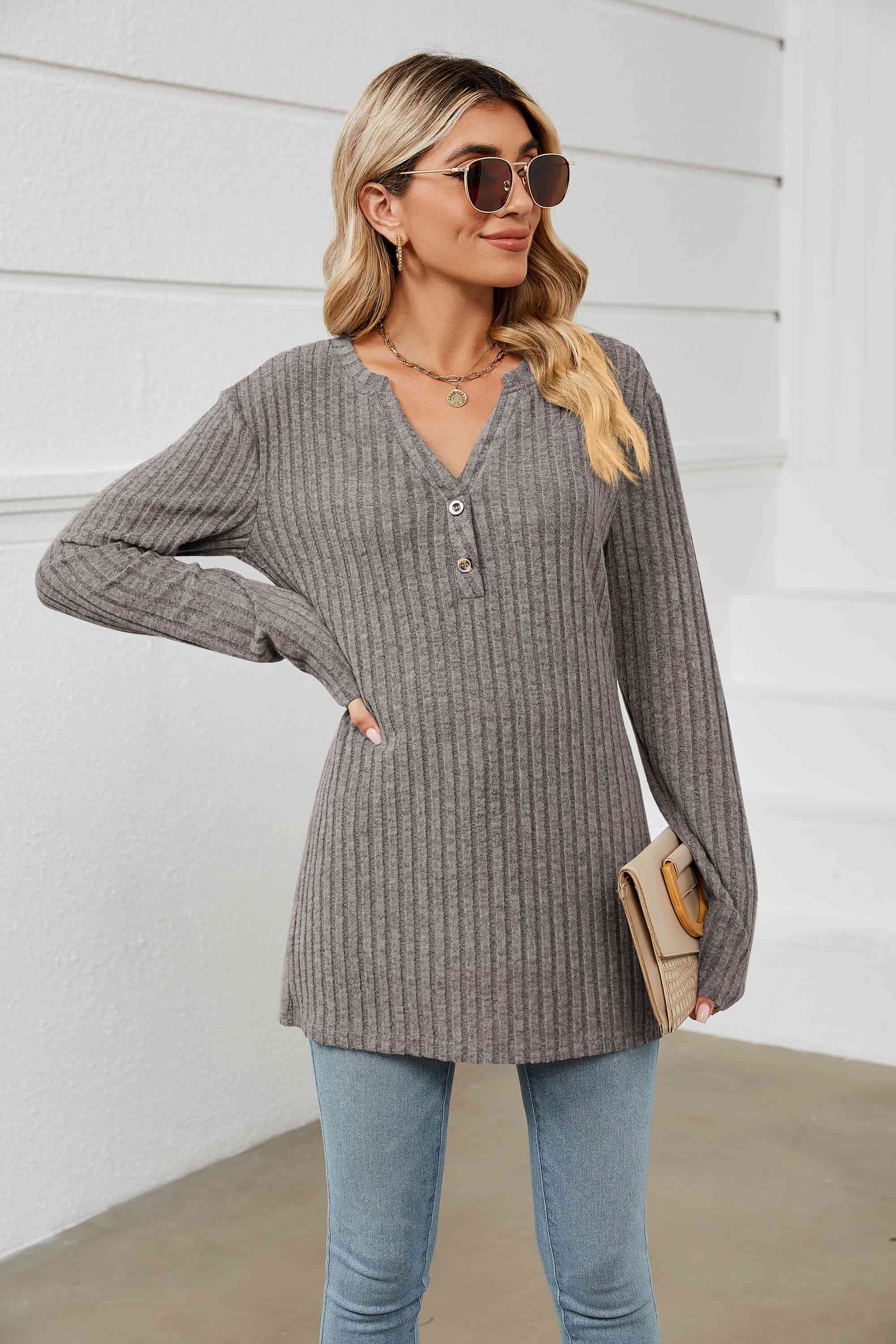 Notched Neck Ribbed Long Sleeve T-Shirt Charcoal Women's T-Shirts - Tophatter Daily Deals