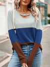 Color Block Cutout Round Neck Long Sleeve T-Shirt Women's T-Shirts - Tophatter Daily Deals