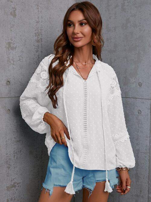 Crochet Tassel Tie Neck Long Sleeve Blouse White Blouses - Tophatter Daily Deals