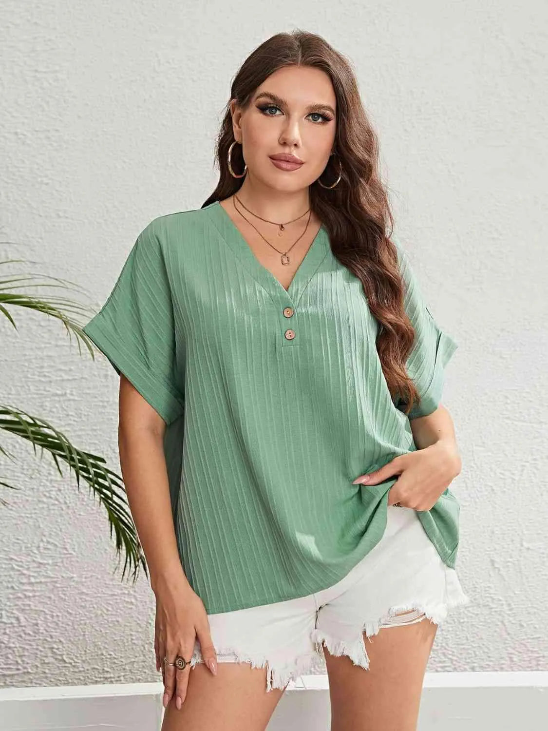 Plus Size Buttoned V-Neck Short Sleeve Top Blouses - Tophatter Daily Deals