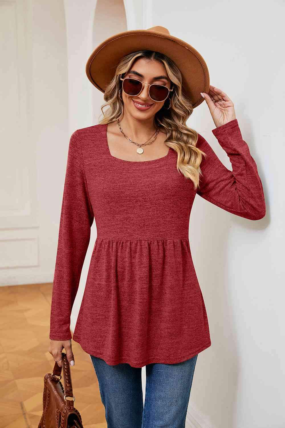 Square Neck Long Sleeve Peplum Top Women's T-Shirts - Tophatter Daily Deals