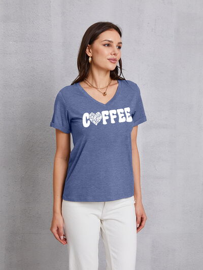 COFFEE V-Neck Short Sleeve T-Shirt Dusty Blue Women's T-Shirts - Tophatter Daily Deals