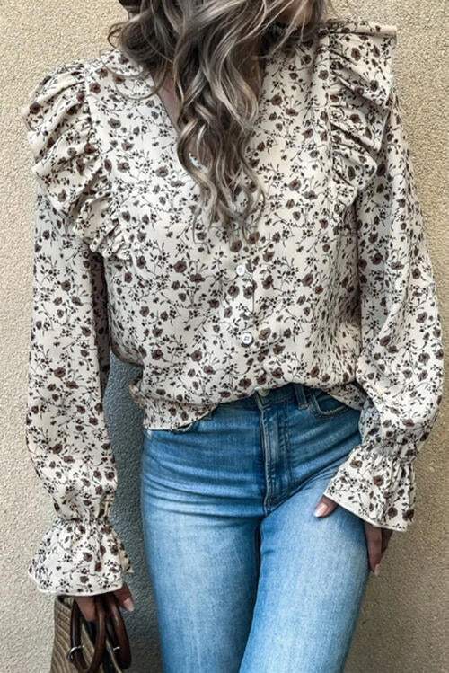 Floral Ruffled Flounce Sleeve Blouse Taupe Blouses - Tophatter Daily Deals