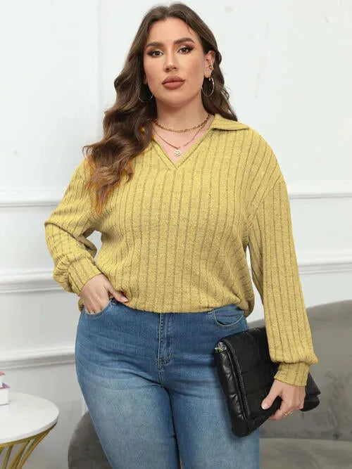 Plus Size Ribbed Collared Neck Long Sleeve Blouse Banana Yellow Blouses - Tophatter Daily Deals