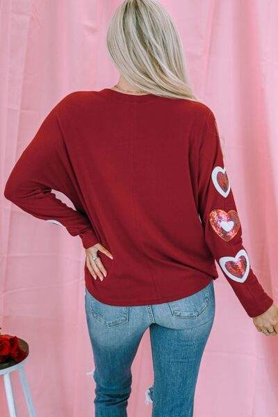 Heart Sequin Round Neck Long Sleeve T-Shirt Women's T-Shirts - Tophatter Daily Deals