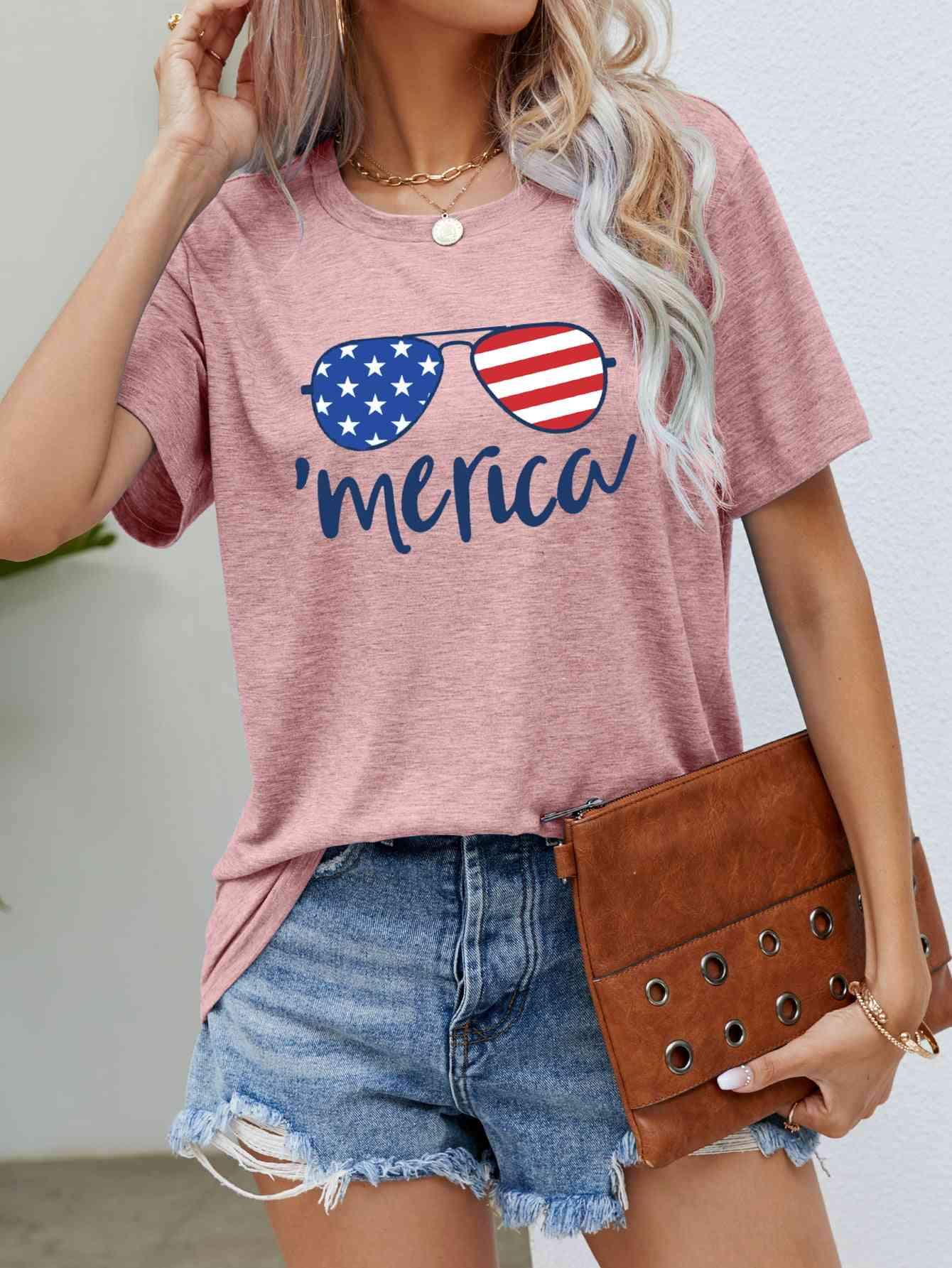 US Flag Glasses Graphic Tee Blush Pink Women's T-Shirts - Tophatter Daily Deals