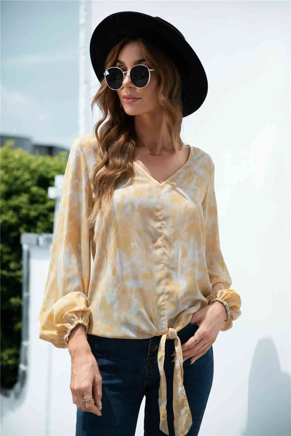 Tie-Dye Tied Balloon Sleeve Blouse Blouses - Tophatter Daily Deals