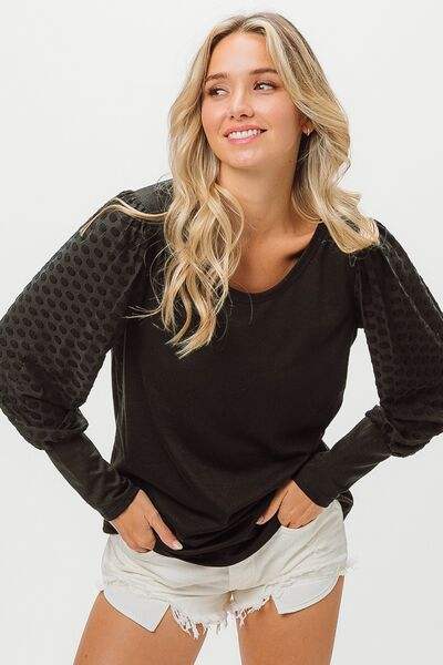 BiBi Round Neck Polka Dot Lantern Sleeve Top Black Blouses - Tophatter Daily Deals