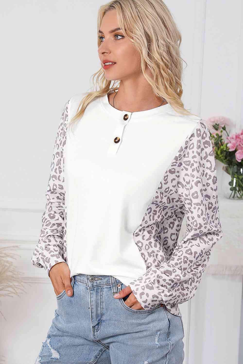 Leopard Round Neck Long Sleeve Top Blouses - Tophatter Daily Deals