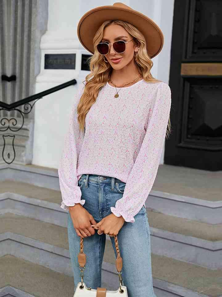 Printed Round Neck Flounce Sleeve Blouse Women's T-Shirts - Tophatter Daily Deals