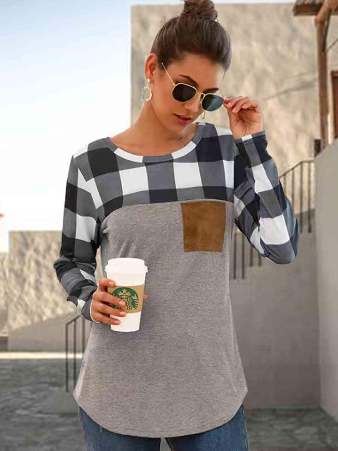 Plaid Round Neck Long Sleeve T-Shirt Heather Gray Women's T-Shirts - Tophatter Daily Deals