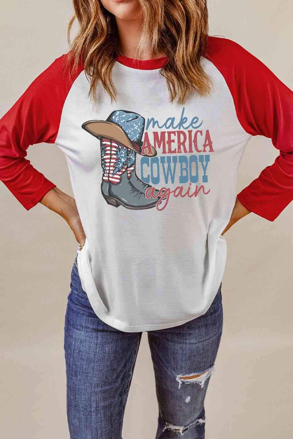 Raglan Sleeve MAKE AMERICA COWBOY AGAIN Graphic Tee - Tophatter Daily Deals