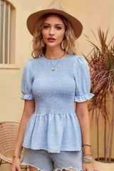 Swiss Dot Smocked Peplum Blouse Pastel Blue Blouses - Tophatter Daily Deals