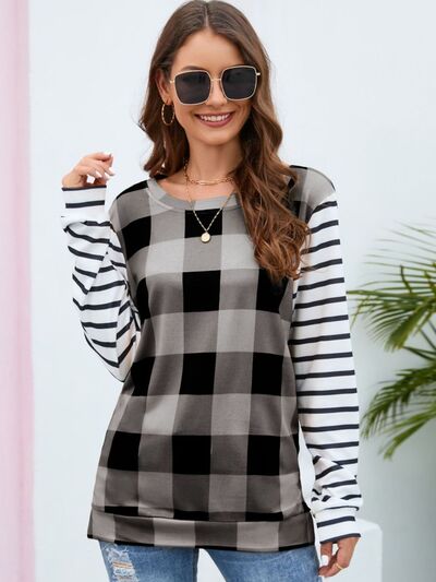 Plaid Striped Round Neck Long Sleeve T-Shirt Women's T-Shirts - Tophatter Daily Deals