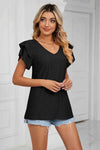 Eyelet Layered Flutter Sleeve V-Neck Knit Top Blouses - Tophatter Daily Deals