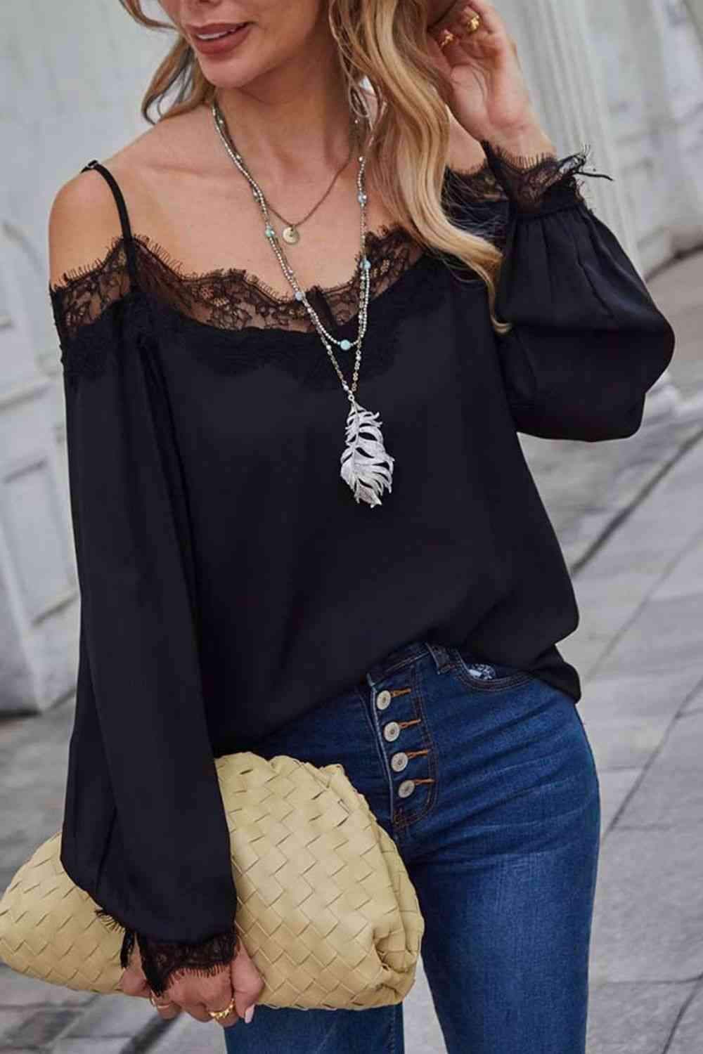 Lace Trim Balloon Sleeve Blouse Black Blouses - Tophatter Daily Deals