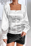 Decorative Button Square Neck Satin Blouse White Blouses - Tophatter Daily Deals