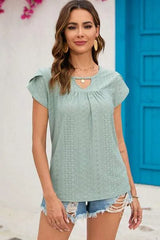 Eyelet Round Neck Short Sleeve T-Shirt Sage Women's T-Shirts - Tophatter Daily Deals
