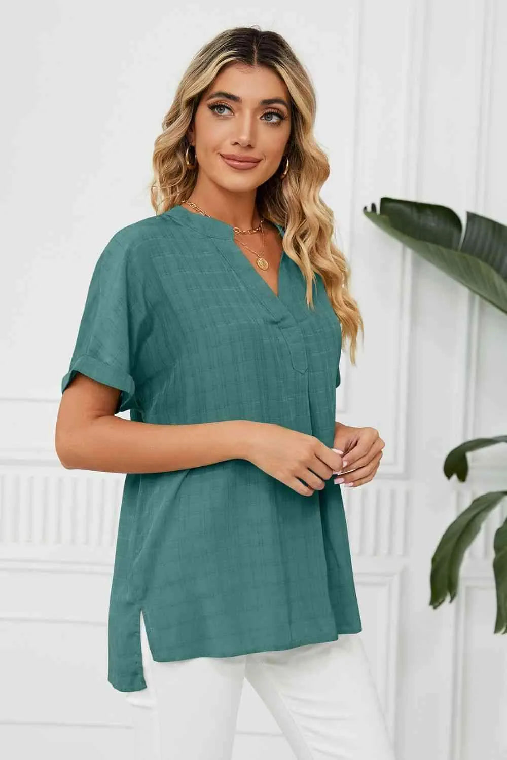 Side Slit Notched Neck Cuffed Short Sleeve Blouse Blouses - Tophatter Daily Deals