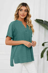 Side Slit Notched Neck Cuffed Short Sleeve Blouse - Tophatter Deals