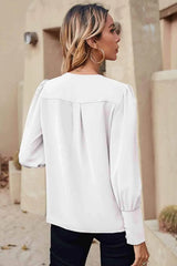 Notched Neck Lantern Sleeve Ruffle Trim Blouse Blouses - Tophatter Daily Deals