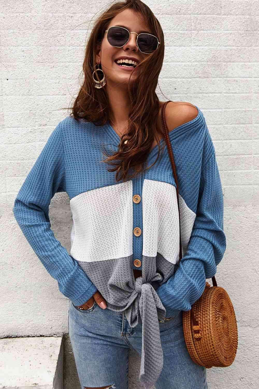 Color Block Waffle Knit V-Neck Top Blouses - Tophatter Daily Deals