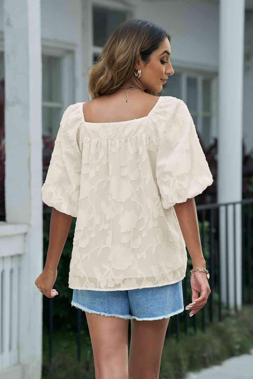 Applique Puff Sleeve Square Neck Blouse Blouses - Tophatter Daily Deals