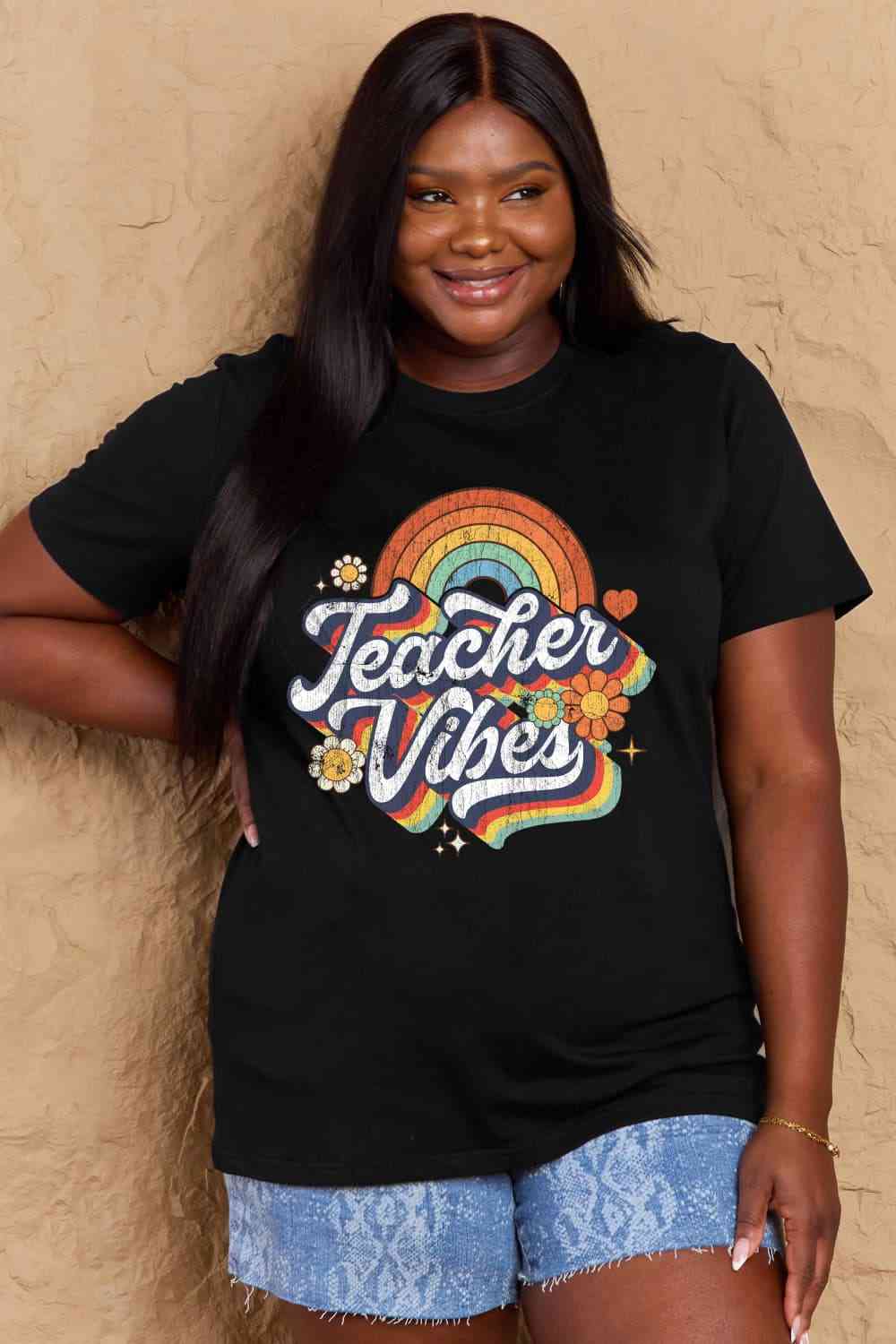 Simply Love Full Size TEACHER VIBES Graphic Cotton T-Shirt Women's T-Shirts - Tophatter Daily Deals