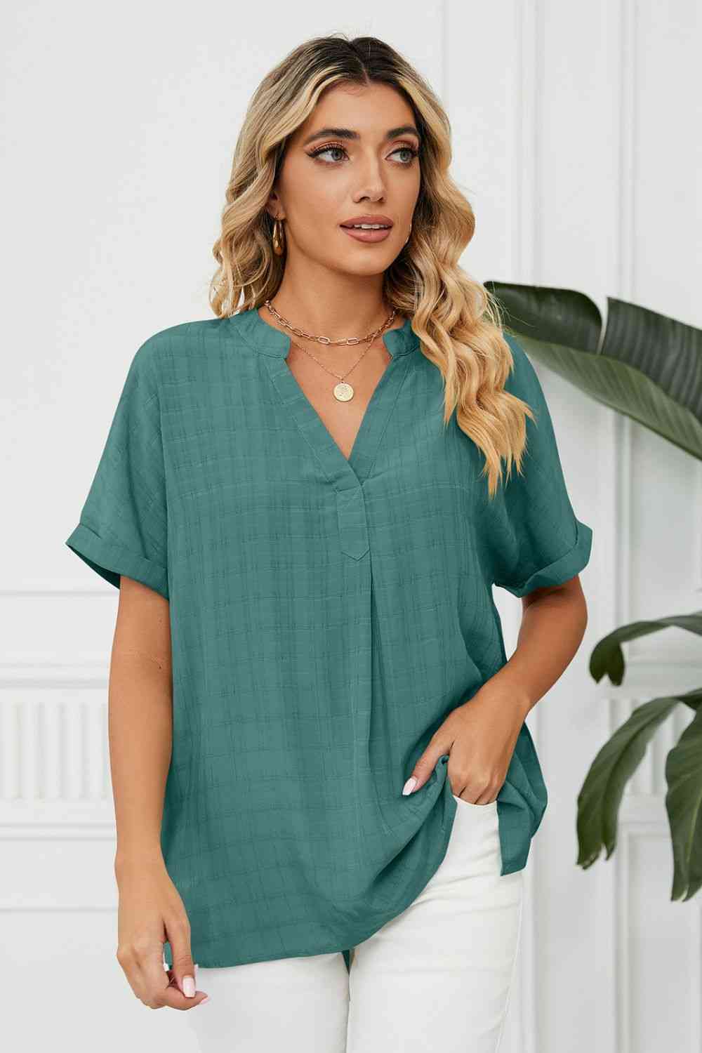 Side Slit Notched Neck Cuffed Short Sleeve Blouse - Tophatter Deals