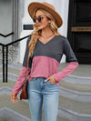 V-Neck Long Sleeve Two-Tone T-Shirt Burnt Coral Women's T-Shirts - Tophatter Daily Deals