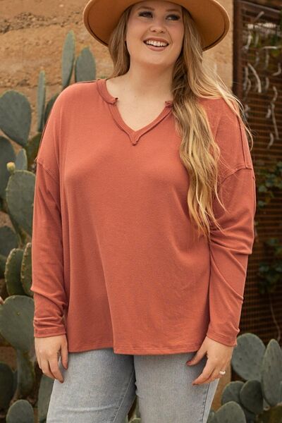 Plus Size Notched Long Sleeve T-Shirt Women's T-Shirts - Tophatter Daily Deals