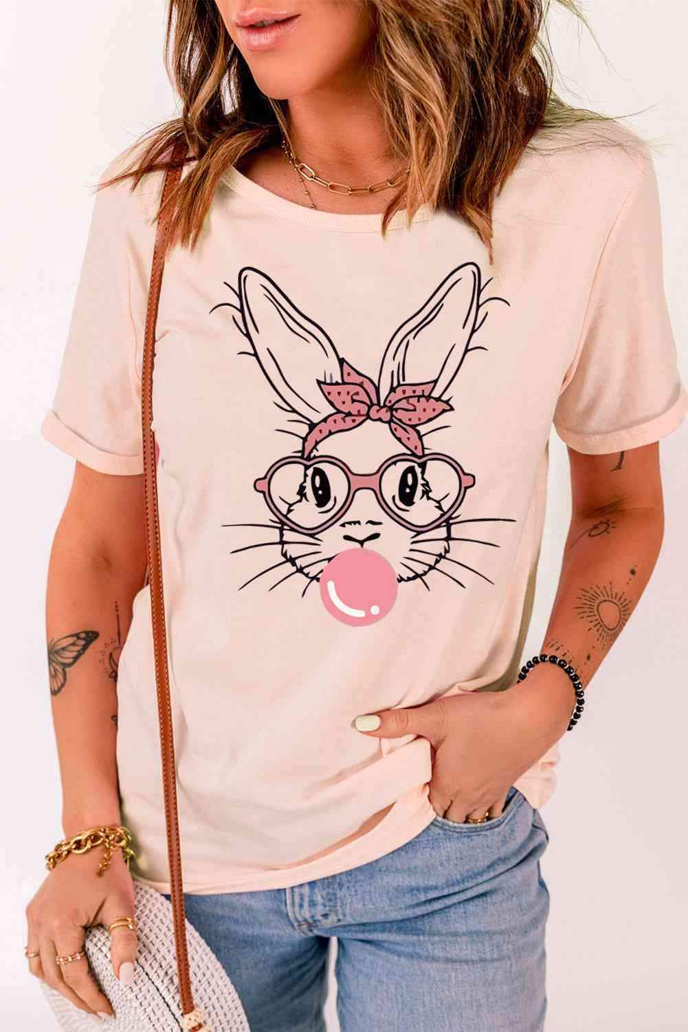 Rabbit Graphic Easter Tee Shirt Pink Women's T-Shirts - Tophatter Daily Deals