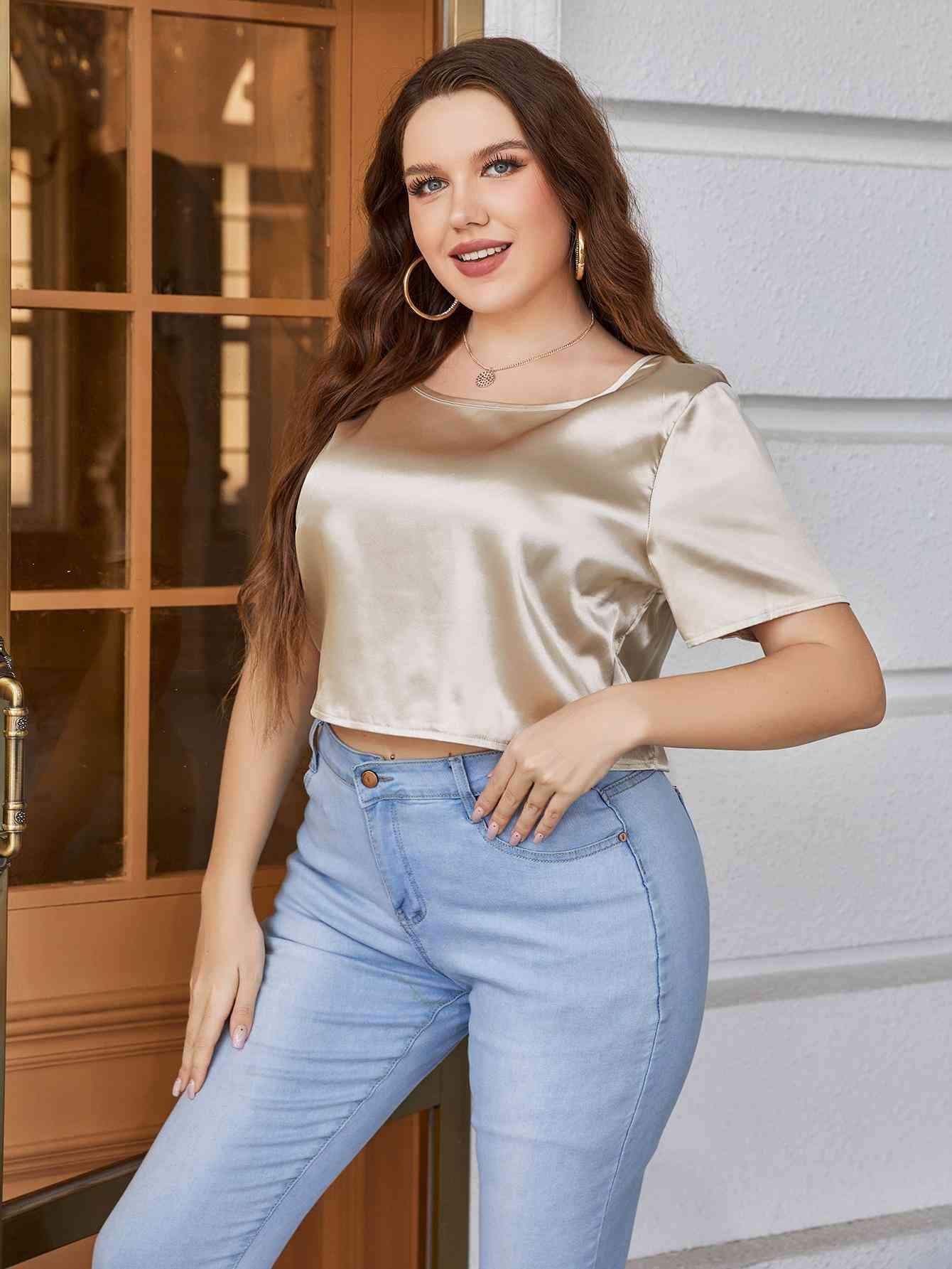 Plus Size Short Sleeve Tie Back Blouse Blouses - Tophatter Daily Deals