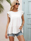 Round Neck Flutter Sleeve Tiered Blouse White Blouses - Tophatter Daily Deals