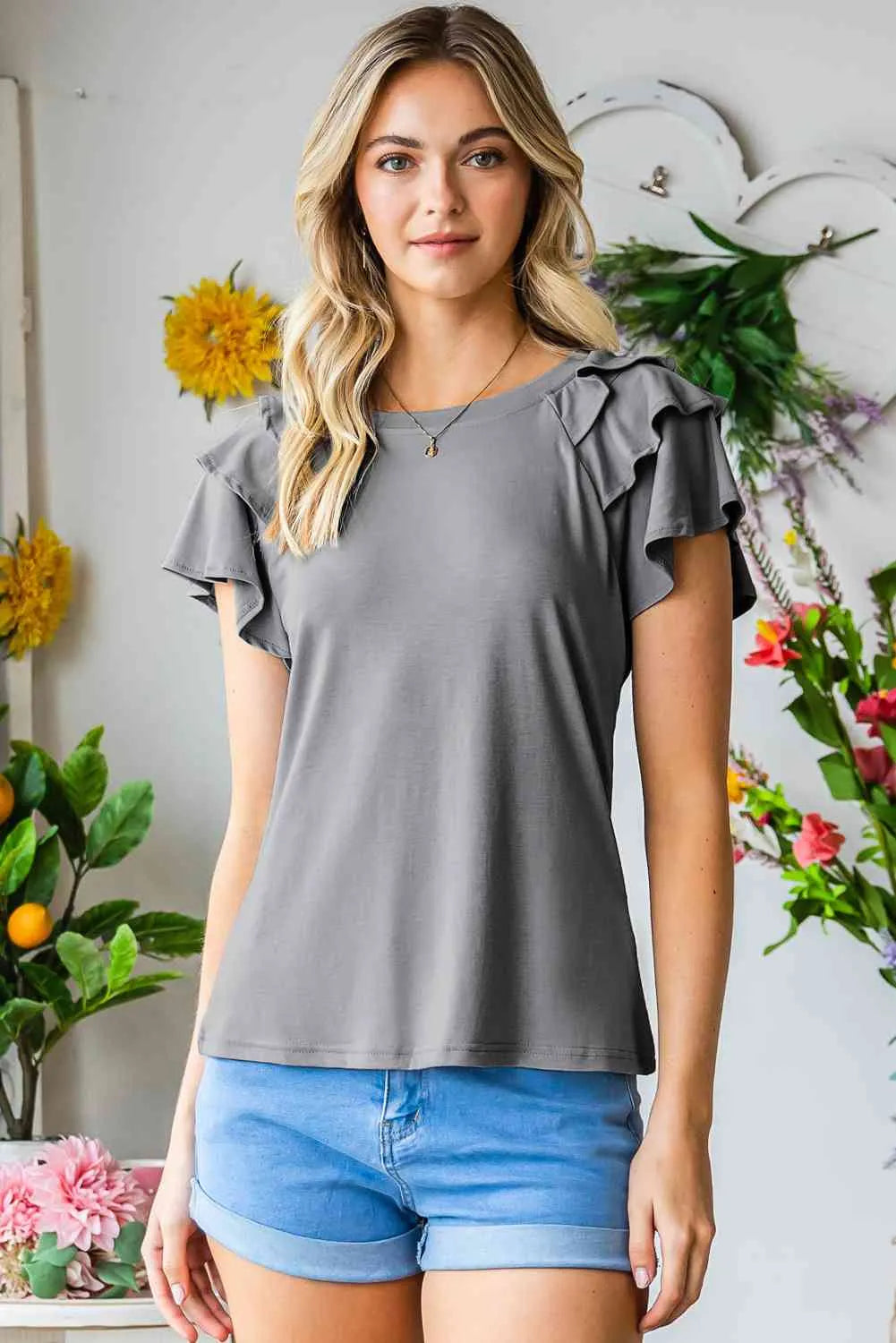 Layered Flutter Sleeve Round Neck Top Mid Gray Blouses - Tophatter Daily Deals