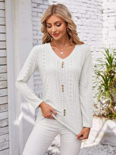 Decorative Button Openwork V-Neck T-Shirt White Women's T-Shirts - Tophatter Daily Deals