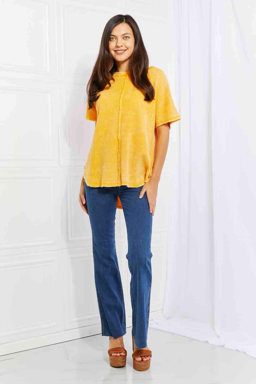 Zenana Start Small Washed Waffle Knit Top in Yellow Gold Blouses - Tophatter Daily Deals