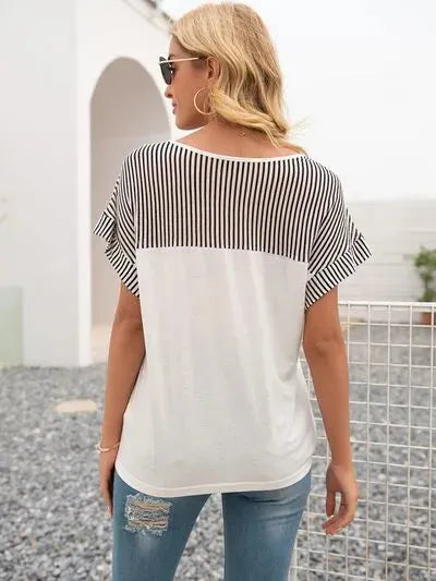 Striped V-Neck Short Sleeve T-Shirt Women's T-Shirts - Tophatter Daily Deals