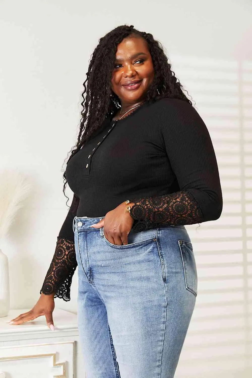 Double Take Crochet Lace Hem Sleeve Button Top Blouses - Tophatter Daily Deals