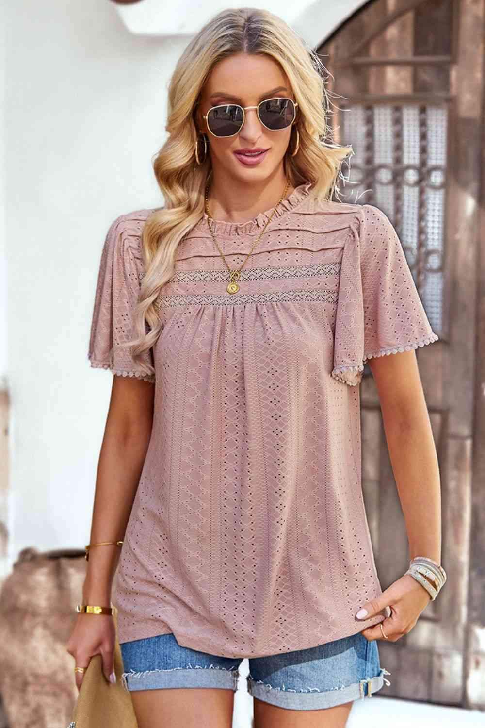 Frill Trim Round Neck Eyelet Puff Sleeve Blouse Blouses - Tophatter Daily Deals