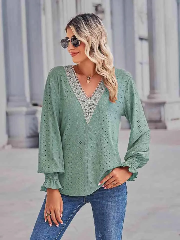 V-Neck Eyelet Flounce Sleeve Blouse Blouses - Tophatter Daily Deals