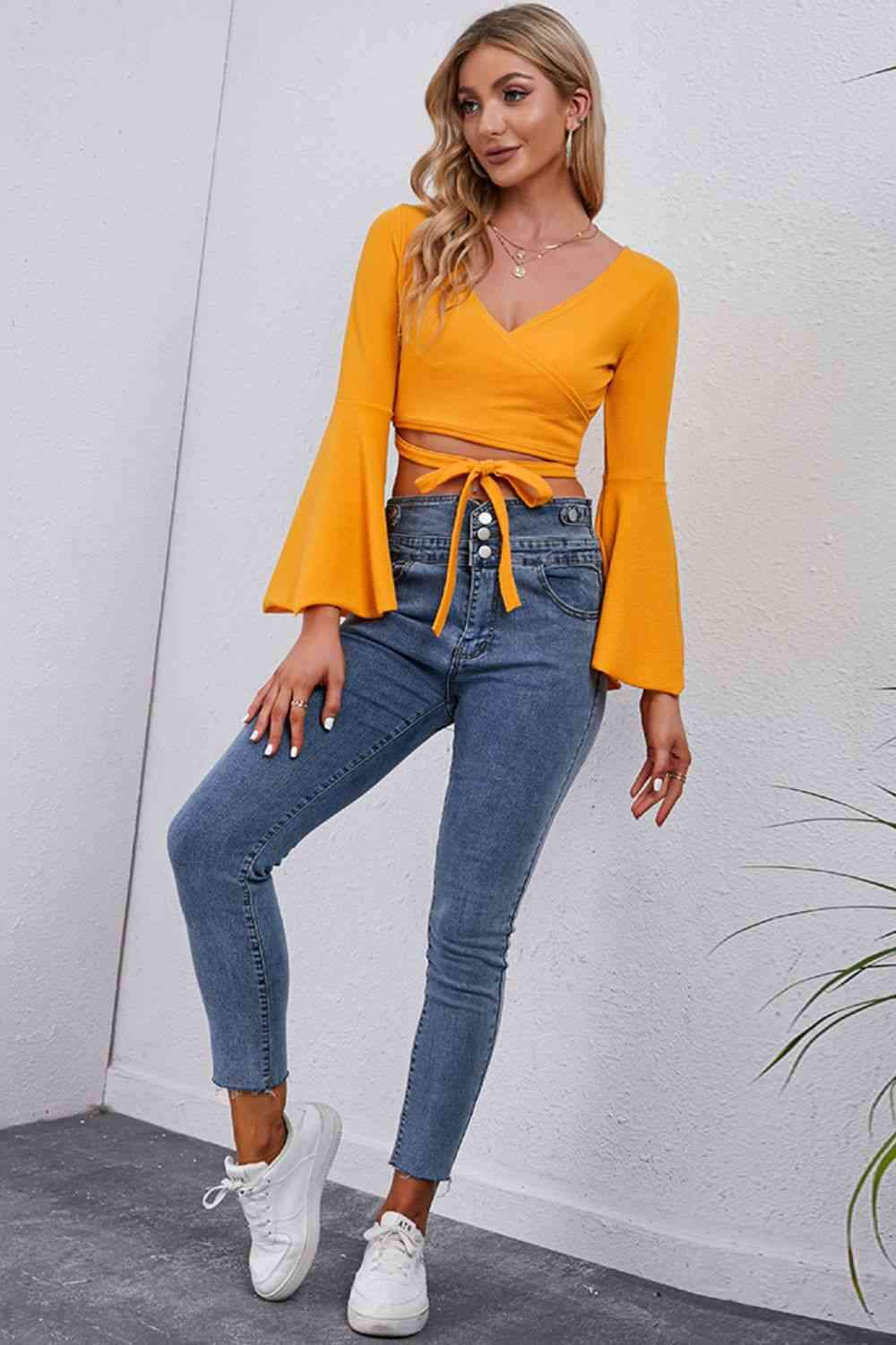 Tie Front Flare Sleeve Cropped Top Blouses - Tophatter Daily Deals